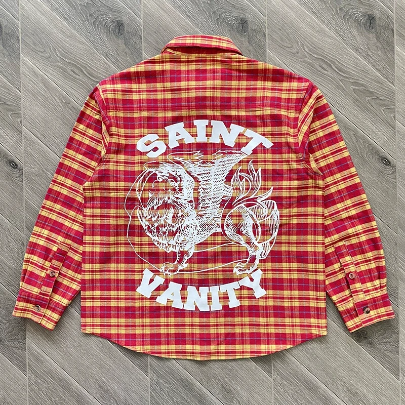 Saint Yellow Red Checkered Long Sleeve Shirts for Men Women Lapel Plaid Camisas Ropa Hombre Shirt Patchwork Oversized Blouses