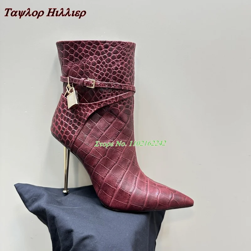 

Metal Lock Short Boots For Women Autumn New Style Crocodile Leather Genuine Leather Pointed Side Zipper Ankle Boots Winter 45