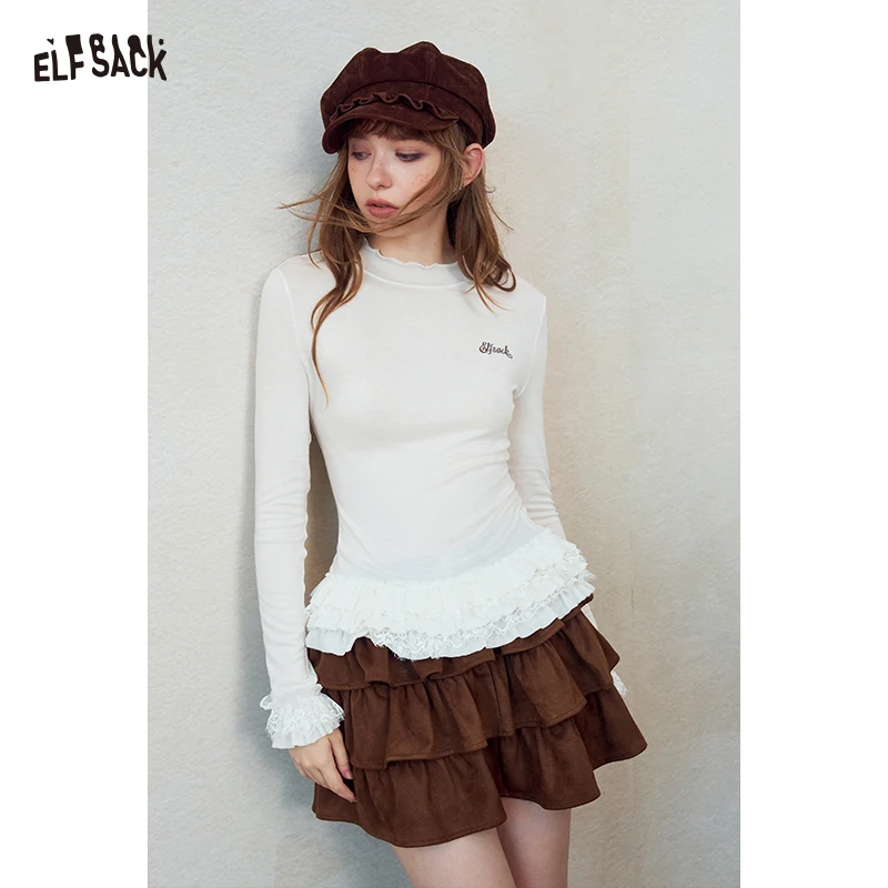 ELFSACK Women's Mock Neck Long Sleeve Top with Ruffle Hem, Embroidered Layered Ruffle Casual Tee