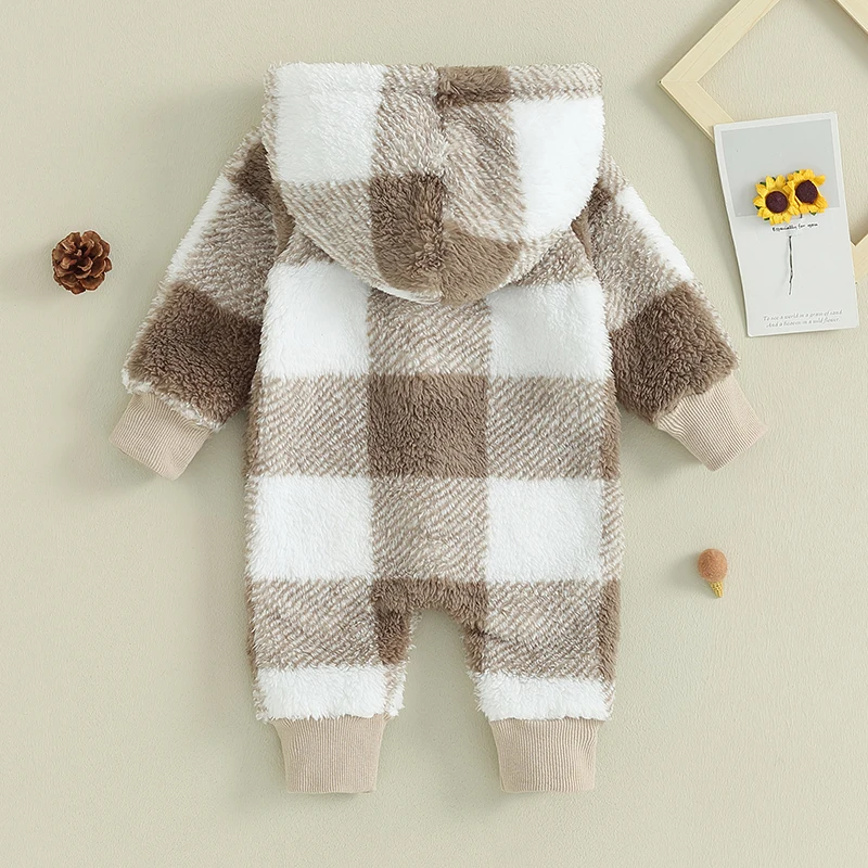 Suefunskry Infant Baby Boys Autumn Casual Hooded Romper Long Sleeve Button Down Plaid Pattern Winter Warm Jumpsuit  0-18Months