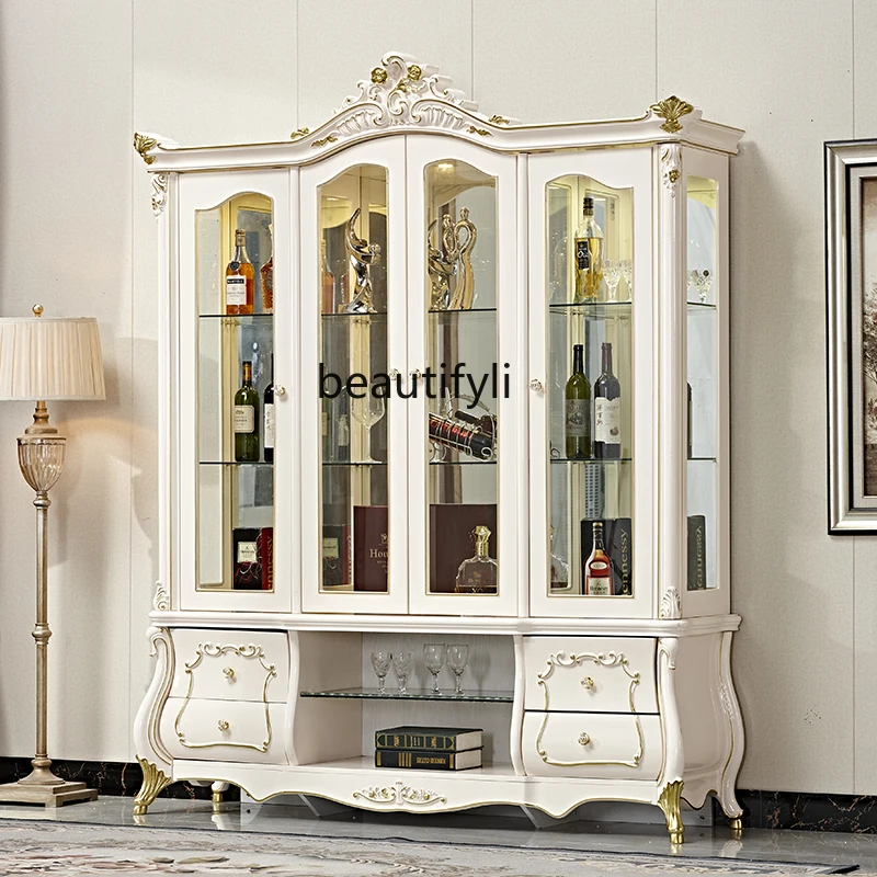 European-Style Carved Four-Door Wine Cabinet White Living Room High-End Luxury French Court Furniture Glass Wine Cabinet