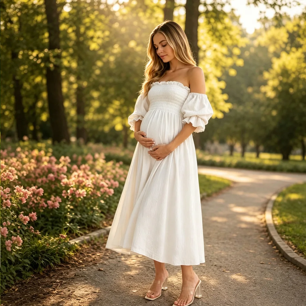 Soft Double‑Layer Gauze Cotton Off‑Shoulder Midi Gown For Pregnant Women Maternity Dress For Baby Showers  Pregnant Woman Dress