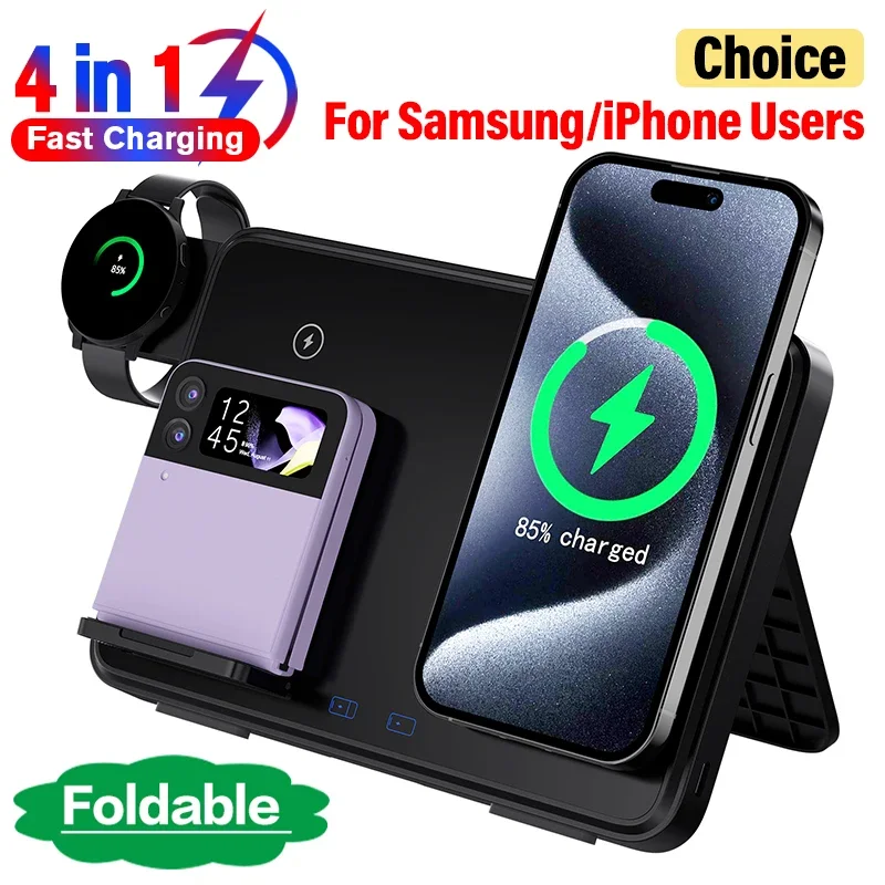 

4 In 1 Wireless Charger Stand LED Night Light Foldable Fast Charging Station Dock For iPhone Samsung Galaxy Apple Watch Airpods2