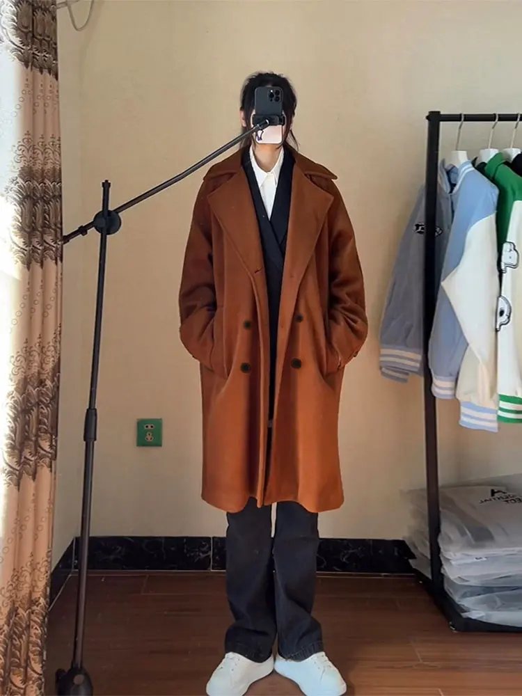 

Мужское шерстяное пальто средней длины на осень-зиму, ветрозащитное, однотонное, двубортное, приталенное, повседневное, модная верхняя одежда