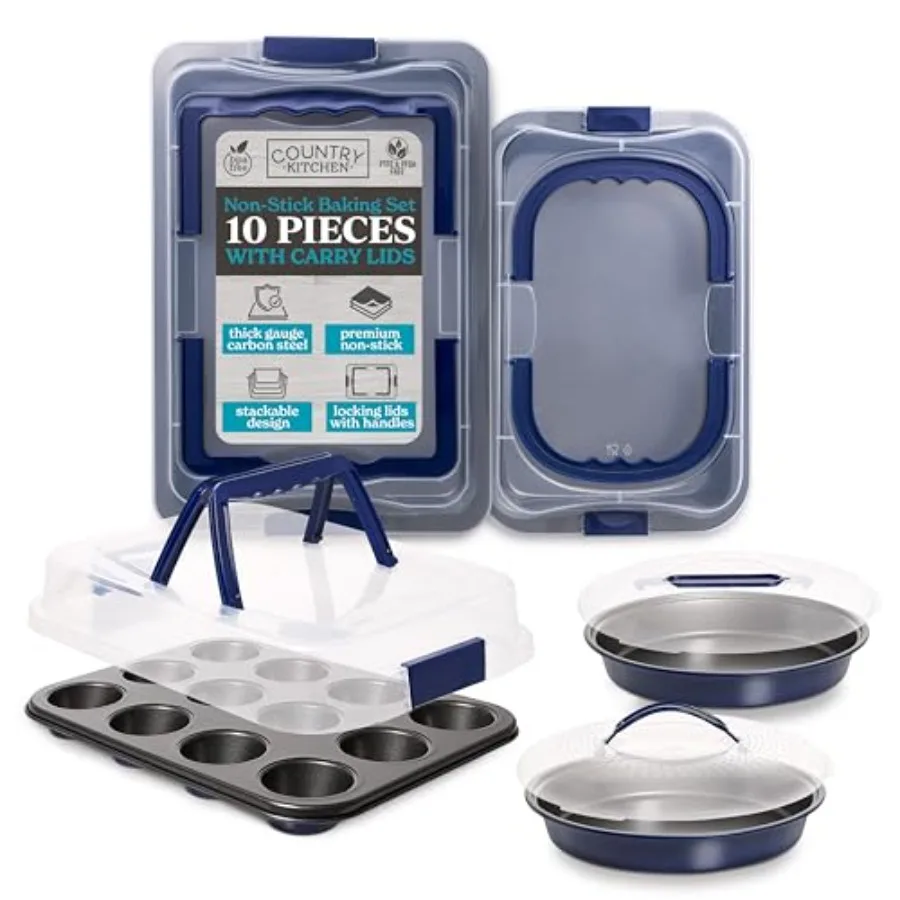 

Baking Pans Set - 10 Pcs Non-Stick Cake Pans with Carry Lids for Easy Storage and Travel Perfect for Parties - Stackable