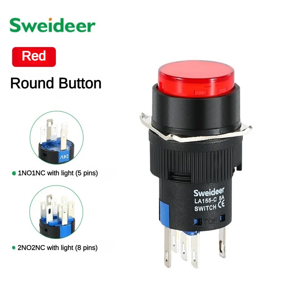 16mm LED Beleuchteter Drucktastenschalter 12/24/220V Momentan Selbsthaltend Ein/Aus mit Licht Quadratisch Rund Rechteckig Netzschalter