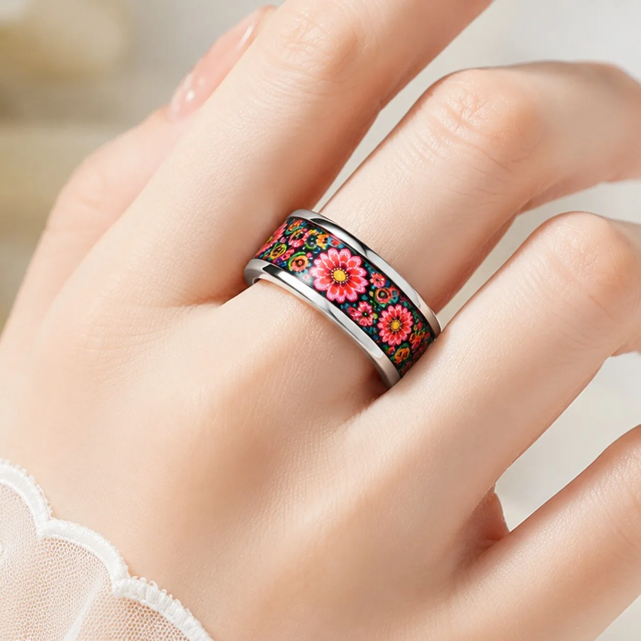 SUNFLOWER Fashion Women Men Stainless Steel Rings Unique Nature Non-fading Wedding Band Polished Double Bevel Ring