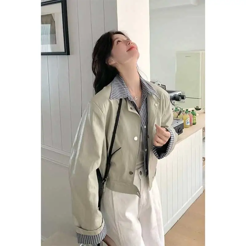 Women Clothing Spring Autumn Fashion Korean Zipper Solid Color Female All-match Button Female Fake Two Pieces Cardigan Windbreak