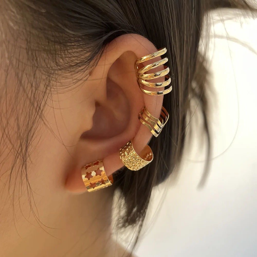 4-Piece Set of Simple, Fashionable Gold Ear Bone Clip Without Ear Holes, Metal Personality Star Hollow C-Shaped Ear Clip Set