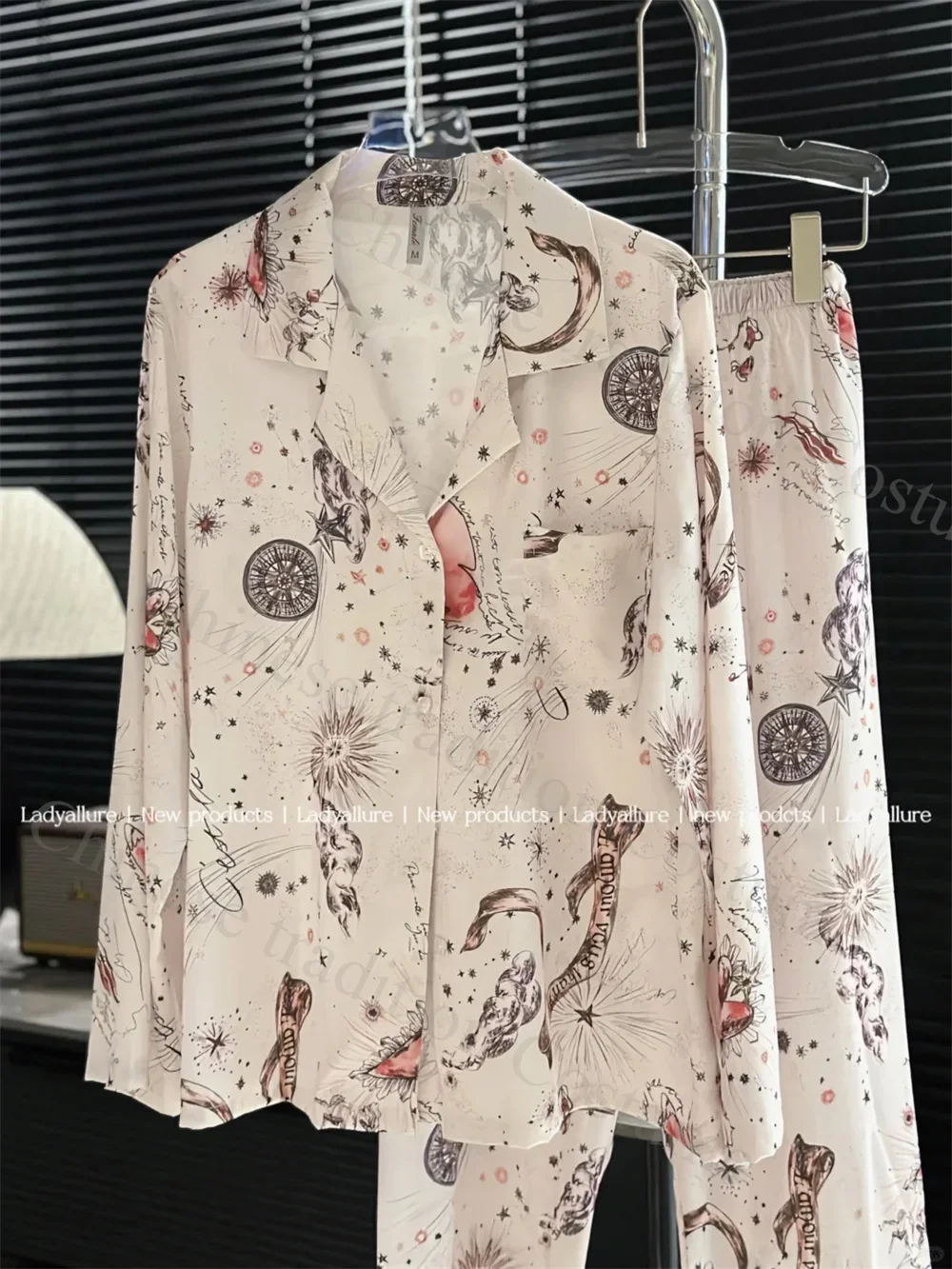 

Loose Sleepwear Lady Satin 2Pcs Home Clothes Print Luxury Pajamas Suit Lapel Shirt&pants Women Summer Autumn New Loungewear