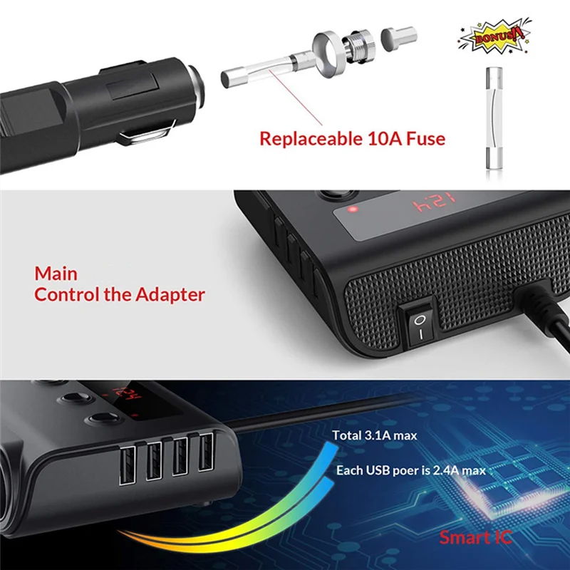 Clear TR12 Car Lighter Triple-Evaporator With Switch Voltage Display 4 USB Car Lighter 120W Charger Reusable Durable Easy To Use