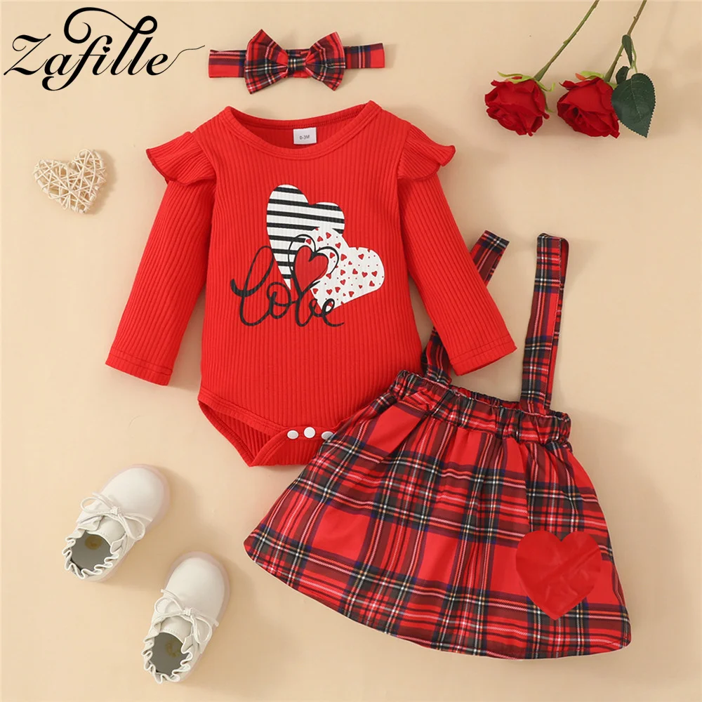 

ZAFILLE 2023 Valentine's Day Baby Girls Costume Flying Sleeve Bodysuit+Plaid Strape Dress 3pcs Kids Girls Clothing Infant Suits