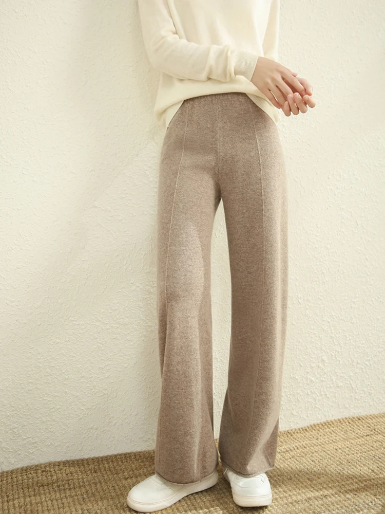 

New Chic Women's Wool Pocket Pants Autumn Winter 100% Merino Wool Straight Pants Thick Soft Casual Simple Style Cashmere Trouser