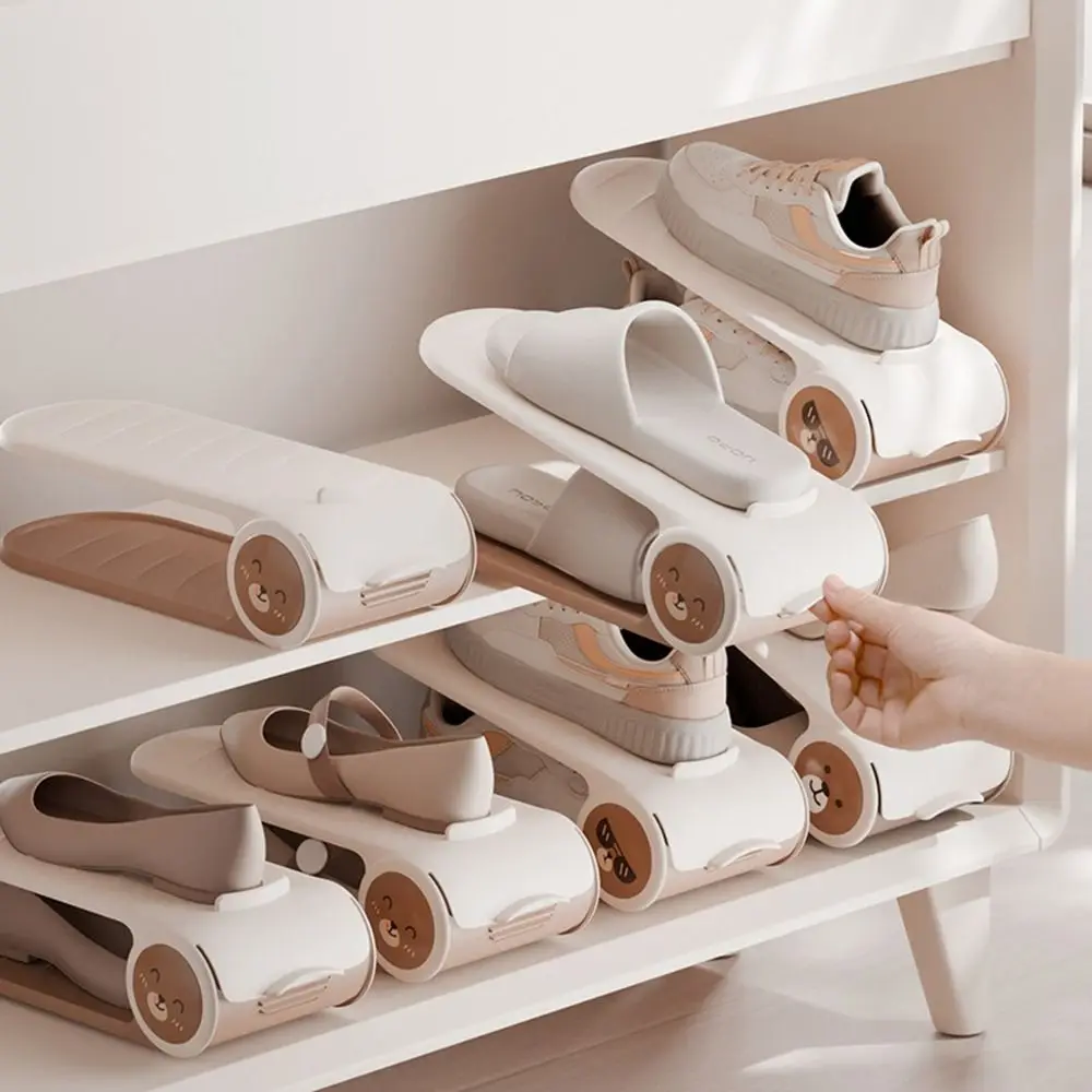 

2pcs Adjustable Double Layer Shoe Rack Space Saving Anti-slip Shoes Storage Rack Plastic Slipper Racks Flat Bottomed