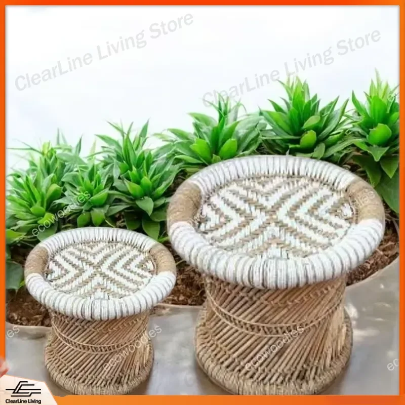 Bohemian Style Bone Inlay Handwoven Natural Bamboo Rattan Cushion Stool Footstool Traditional Modern Eco Friendly Storage