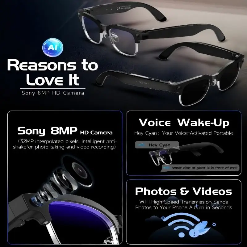

Camera video glasses, smart translation, object recognition via camera, Q&A interaction, Hi-Fi music, and high-definition calls.