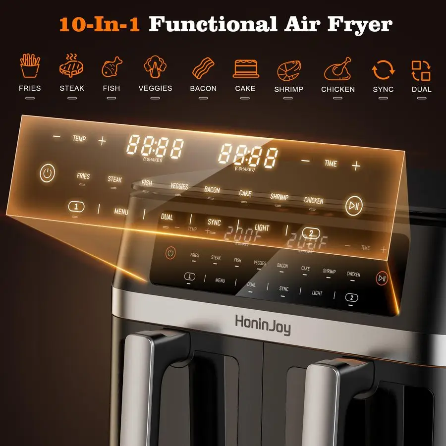 مقلاة هوائية كبيرة بسلة مزدوجة مع نافذة عرض و50 قطعة من بطانات الورق، مقالي هوائية رقمية مزدوجة المنطقة تعمل باللمس 10 في 1، SyncCo