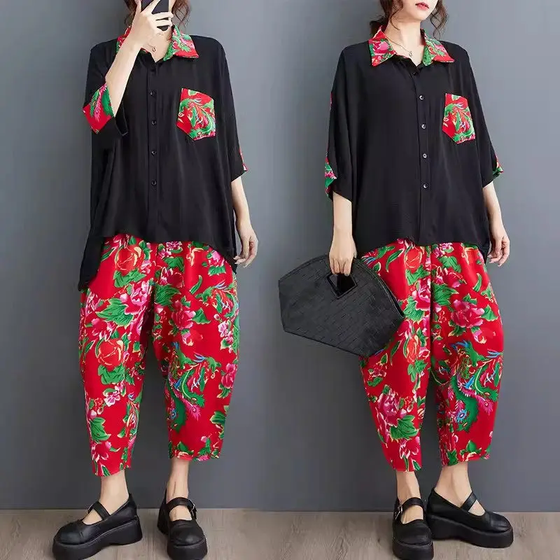 Northeast Big Flower Summer New Ethnic Style Trendy Set Fashion Large Size Casual Shirt Harrem Pants Two Piece Suit Outfit K1629