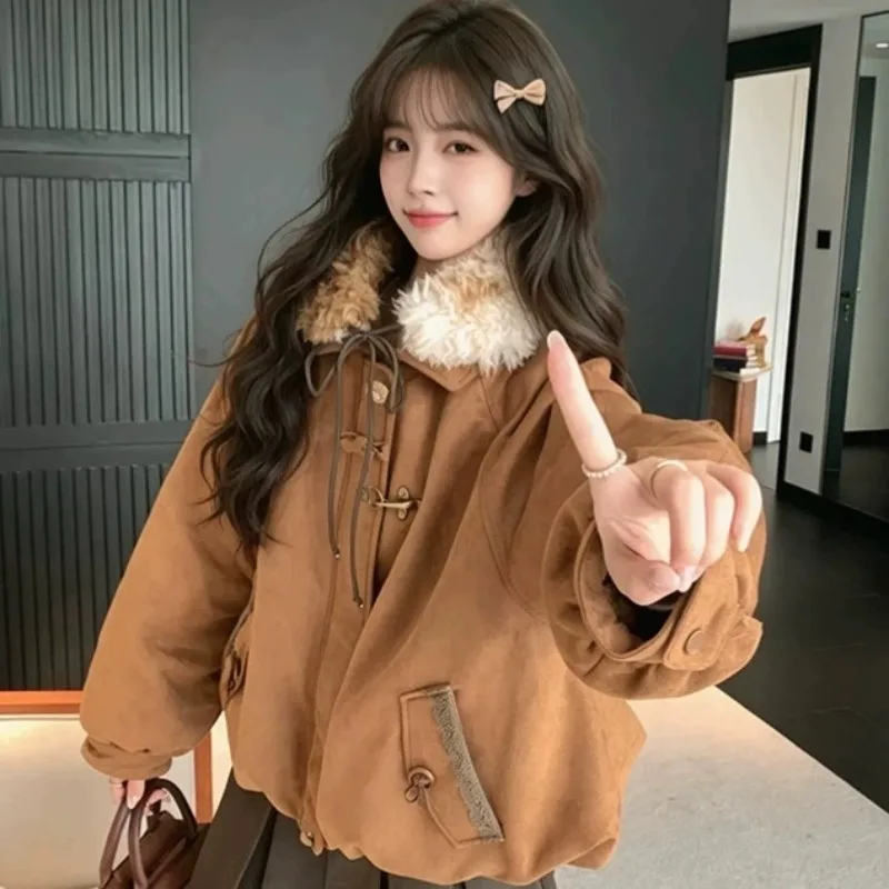 2026 new cotton jacket for women trendy short style suede fabric padded jacket warm lapel winter student mujer cotton wadded