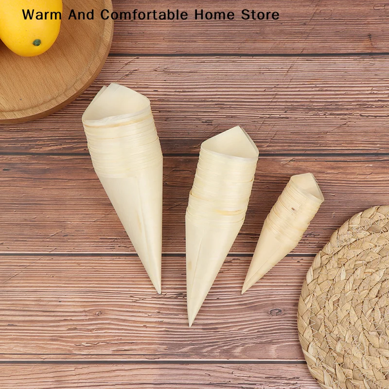 【SE】50pcs Disposable Wood Appetizer Cones Biodegradable Cone Veneer Roll Disposable Ice Cream Cone Packaging Container Candy Cup
