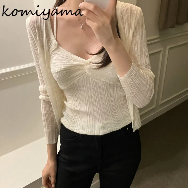 Korean Chic Cardigan Simple Ropa Mujer 2025 Woman Sueteres Long Sleeve Cardigans New Tops Korean Sweater with Sexy Camis