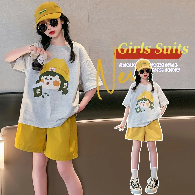 

Summer Girls Cotton Cartoon Gray T-Shirt Tops+Yellow Shorts Contrast Sets School Kids 2PCS Tracksuit Child Jogging Outfit 5-16Yr