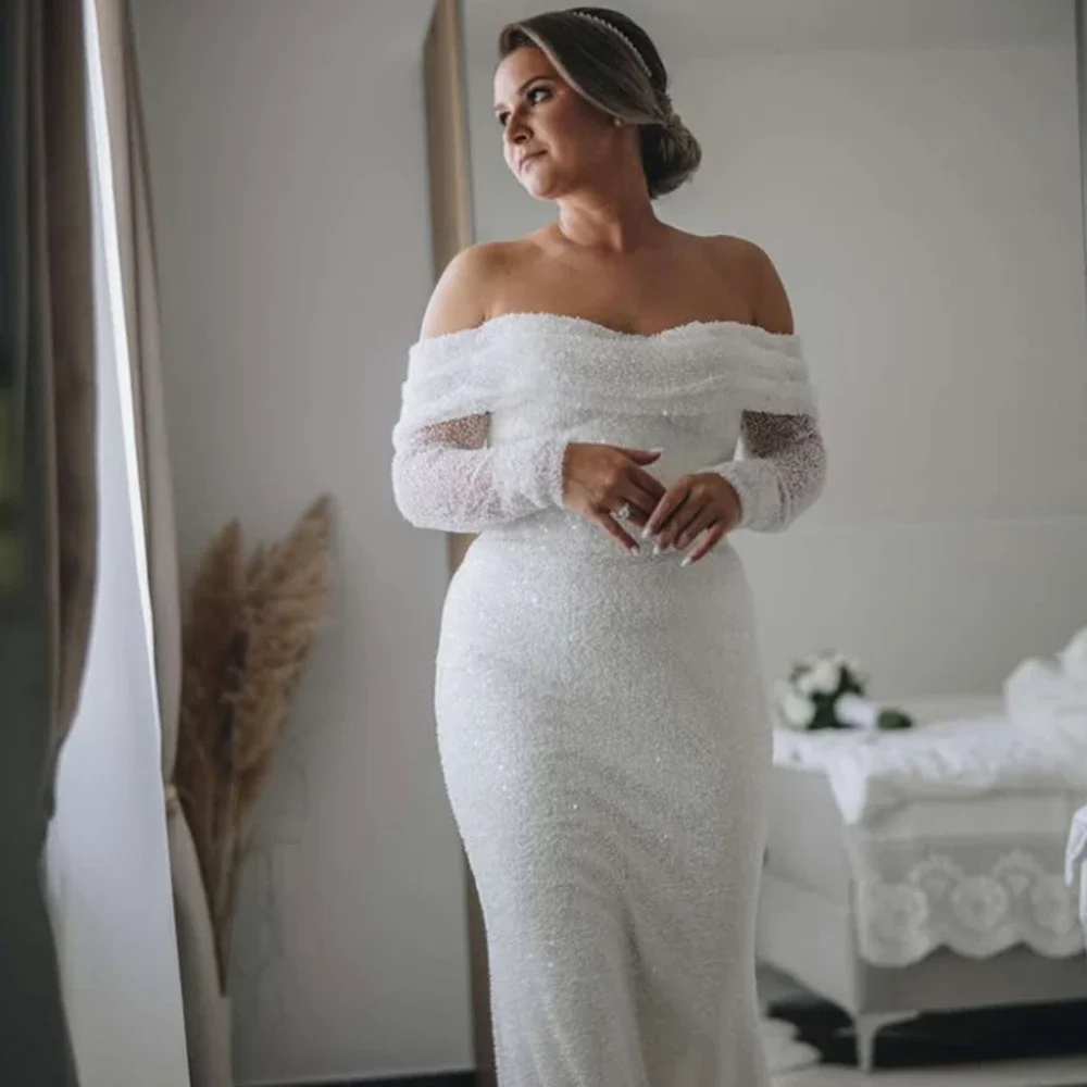 

Flavinke Customized Charming Boat Neckline White Tulle Mermaid Wedding Dresses Full Sleeves Floor Length Sweep Train Bride Gowns