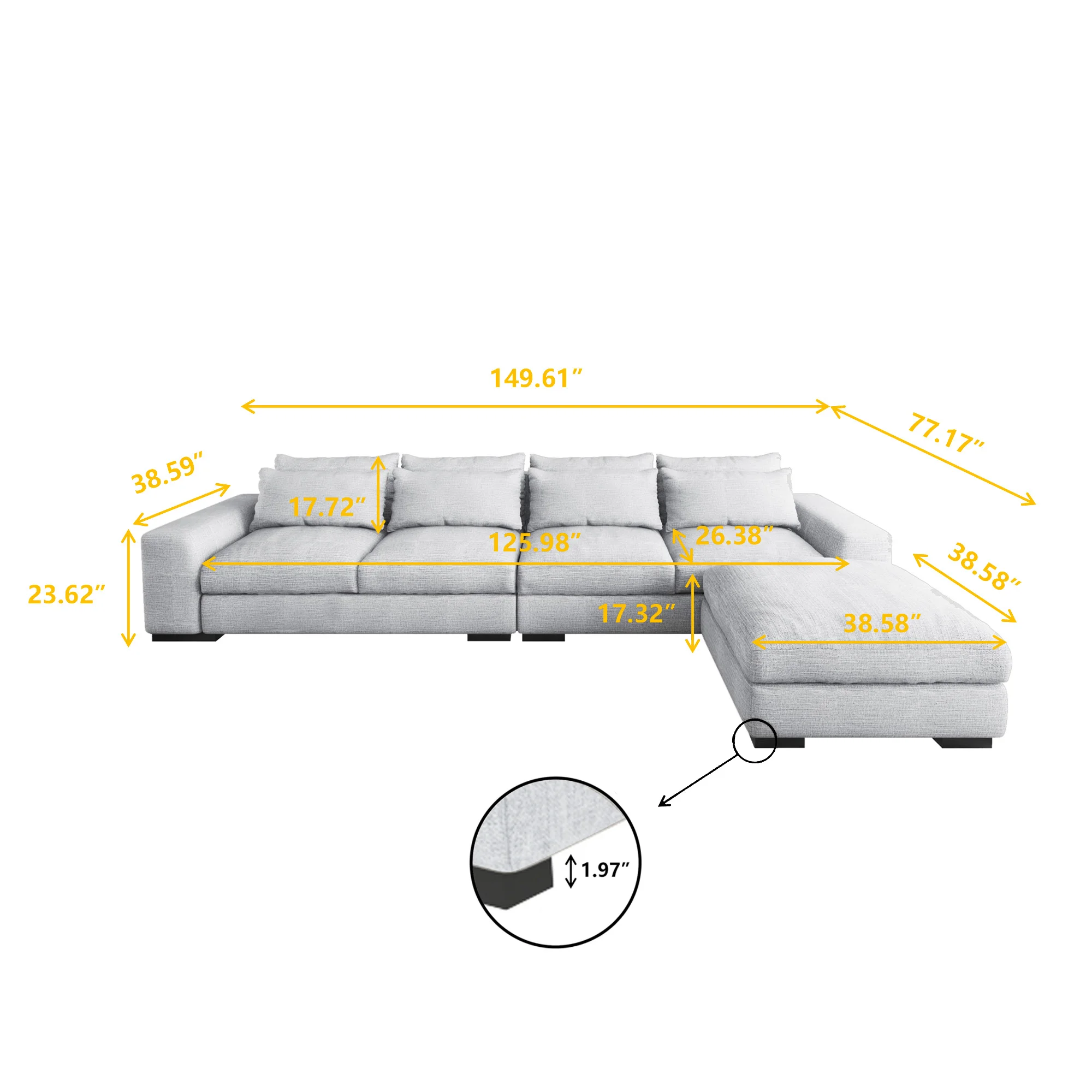 149'' L-Shaped Gray Modular Linen Sectional Sofa Chaise with Ottoman for Living Room Reversible Seating Component Couches Sofas
