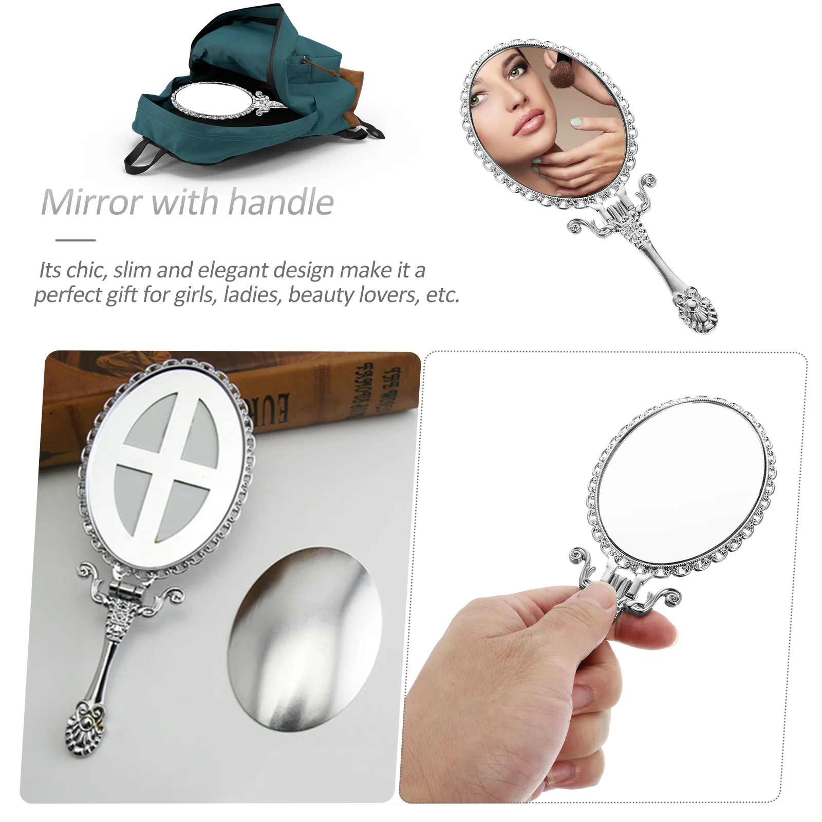 Mirror with Handle Travel Makeup Compact Handheld Portable Women Vintage Mirrors Dresser