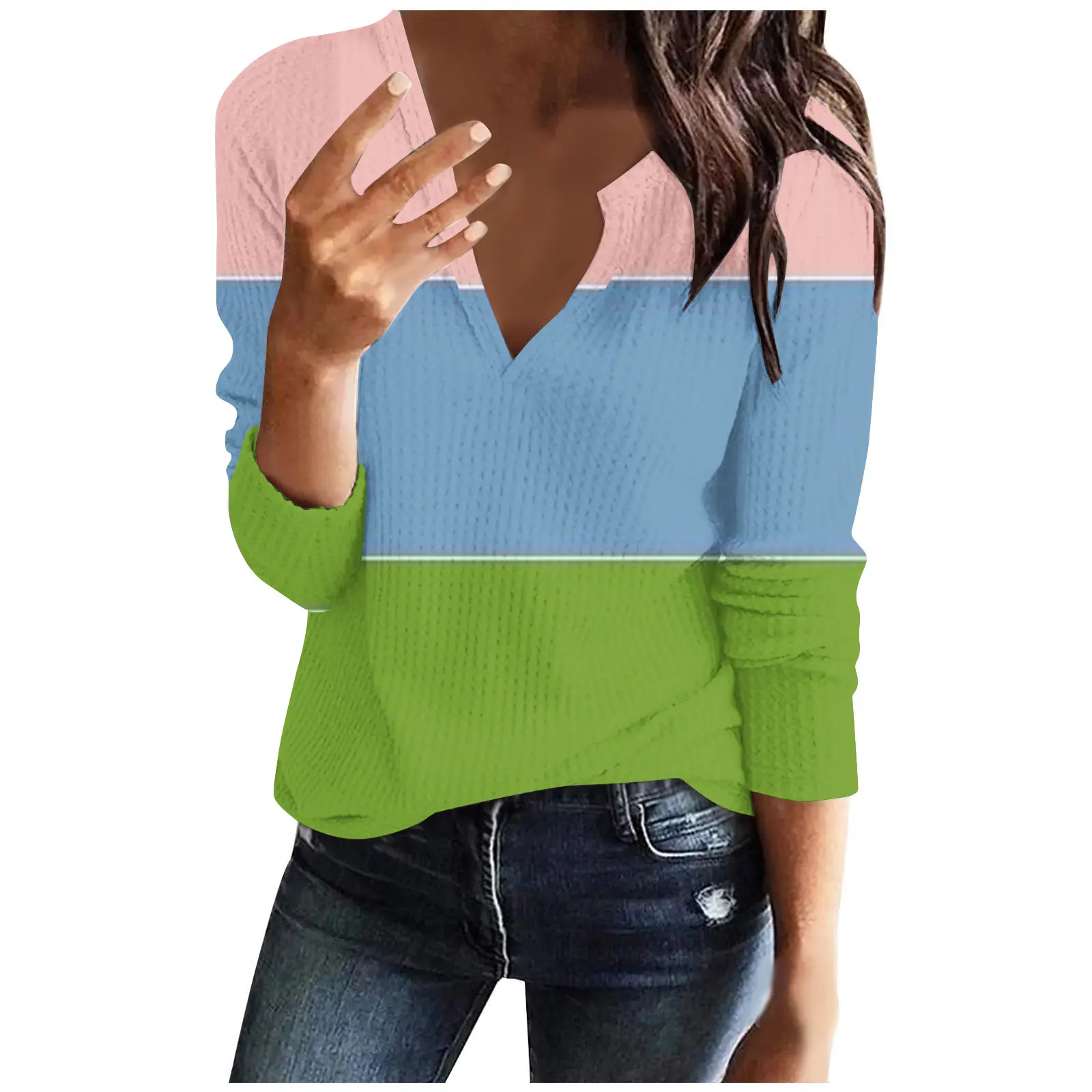 

Fashion Color Matching Print Hoodie Women's Spring Autumn Sexy V-neck Pullover Casual Comfortable Long Sleeved Top Hoodie Woman