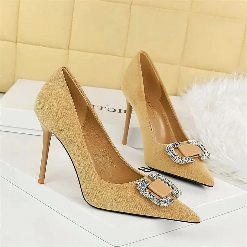 Square Button Rhinestones Decoration Pumps Women  Fashion Pointed Toe Shallow Mouth Suede Wedding Stiletto Party Shoes