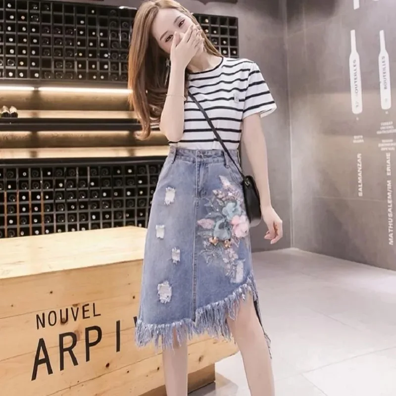 Fashion Denim Skirt 2024 Summer High Waist Mid-Lenth Skirts Embroidry Flower Jeans Skirt Female Oversize A-line Pencil Skirts