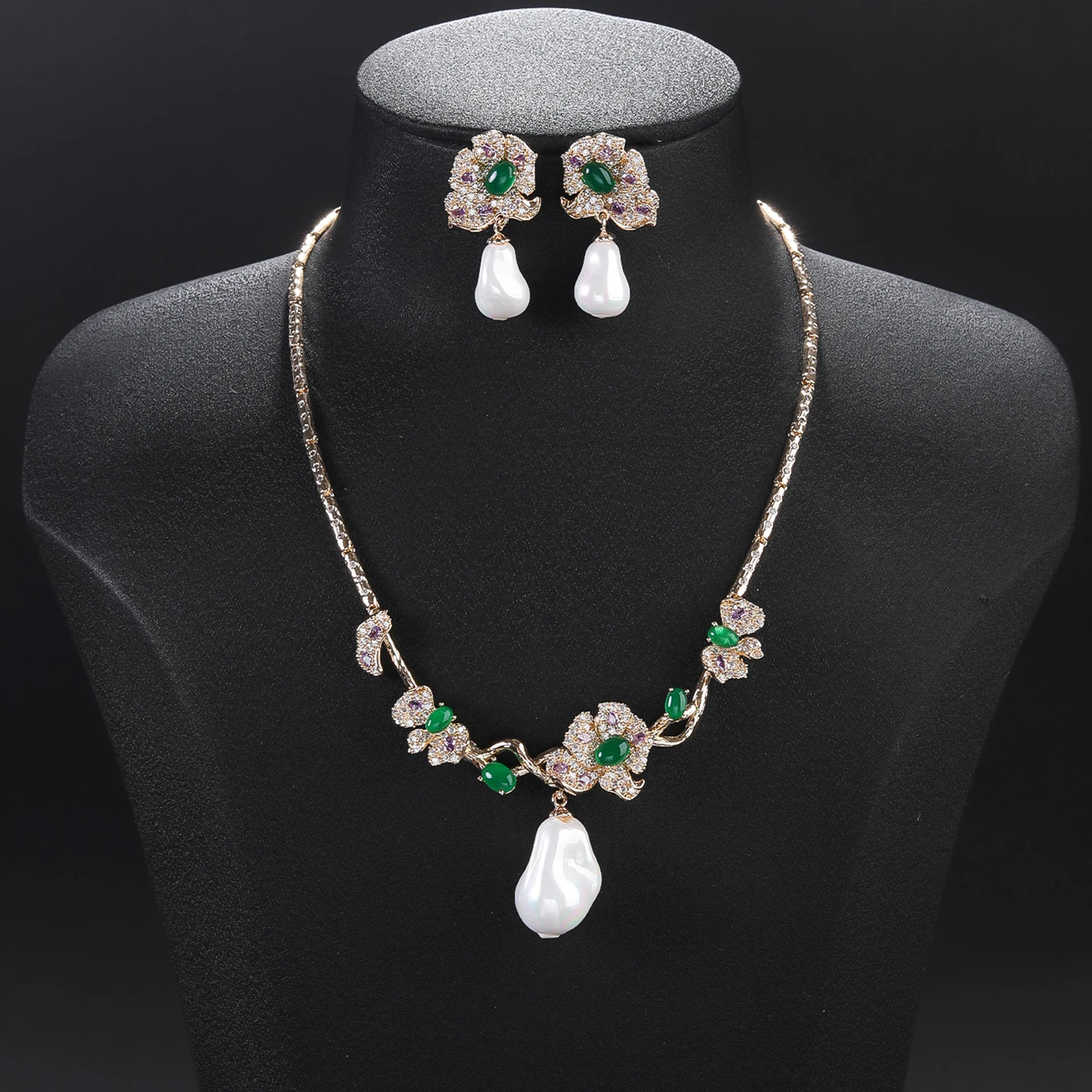 Cubic Zirconia Flower Necklace Earrings Set Irregular Imitation shell bead Pendant Women Party Jewelry  Accessories CN11607