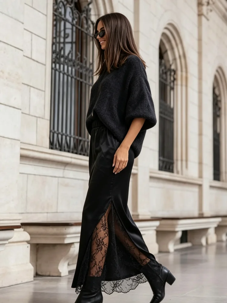Midi-Rock für Damen, Schwarz, Spitze, Seitenschlitz, Langer Rock, Elastische Taille, Elegante Streetwear für Büro, Party und Alltag – Detail 2