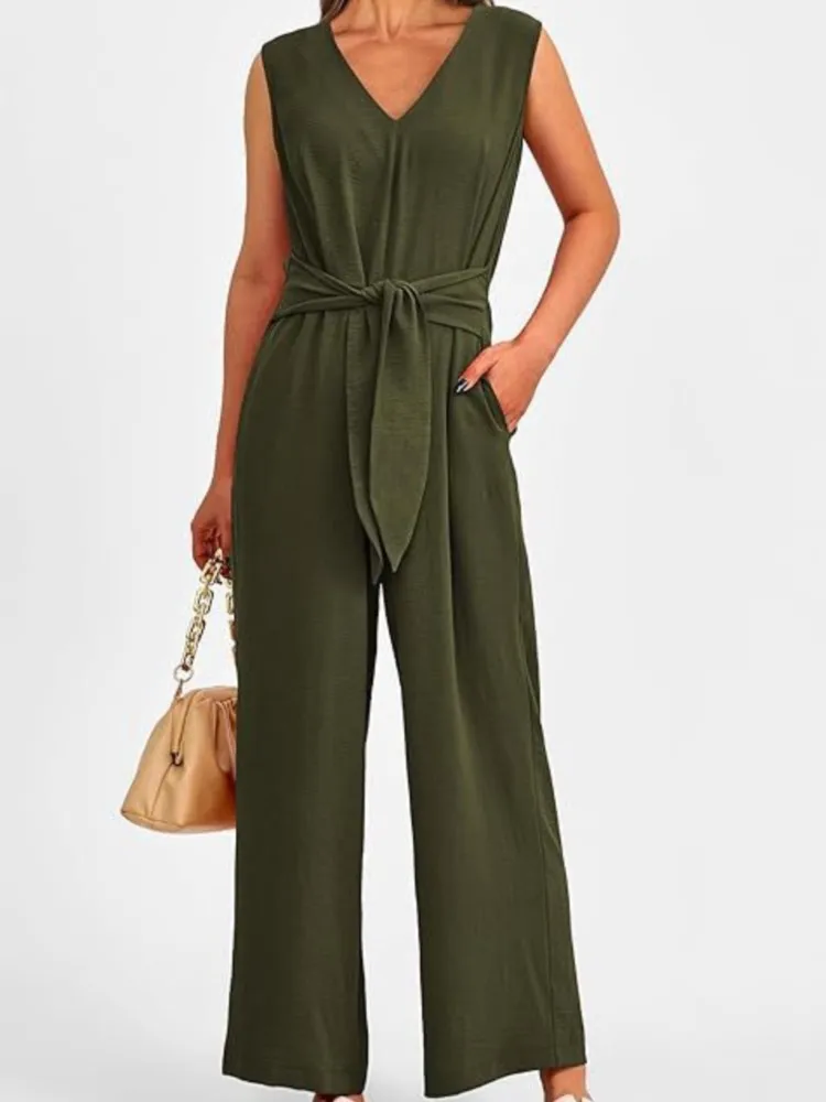 Women's Fashionable And Elegant Style Solid Color Women's Clothing Elegant V-neck Wide Leg Jumpsuit Sleeveless Jumpsuit