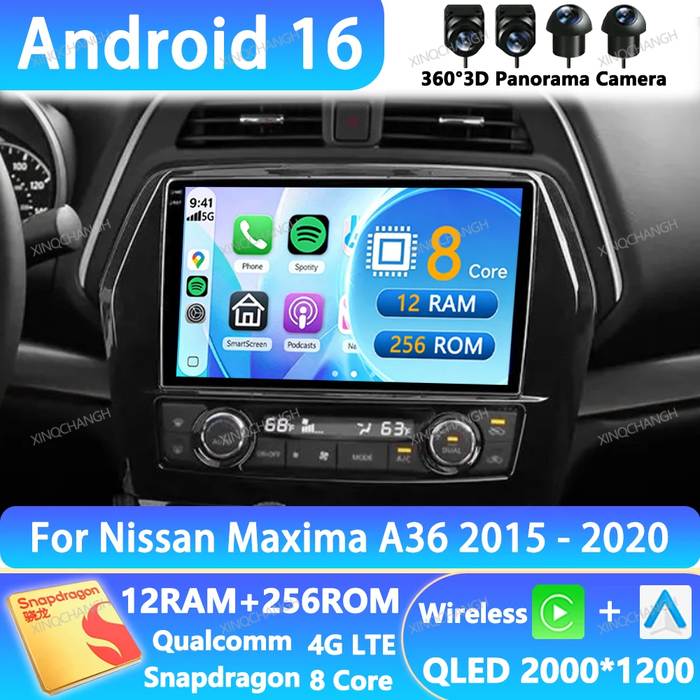 Radio para Auto Android 16 para Nissan Maxima A36 2015-2020, Unidad Principal QLED Qualcomm, Reproductor Multimedia Estéreo, Reproductor de Video, BT 2DIN, Navegación