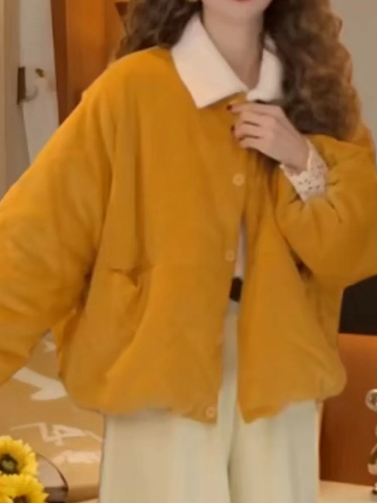 

Winter Thiened Warm round Ne Quilted Cotton Jaet Women Loose Retro High-End Long Sve Lazy Retro Cotton Coat Outerwear