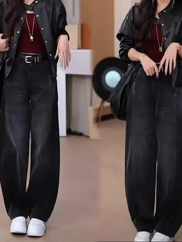 

High Waist Knife Denim Jeans Women's Spring New Large Size Fat MM Loose Slimming Black Straight Leg Wide Leg Floor-Lengt...