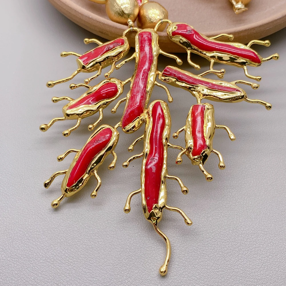 Y·YING Red Coral Brushed Bead Choker Big Pendant Necklace Handmade Statement Necklaces Jewelry