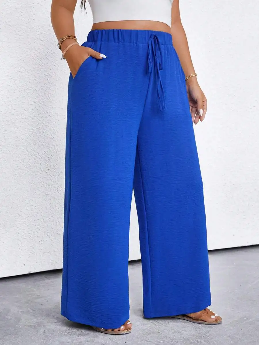 

Plus Size Wide Leg Pants with Elastic Waist and Slant Pockets - Solid Blue