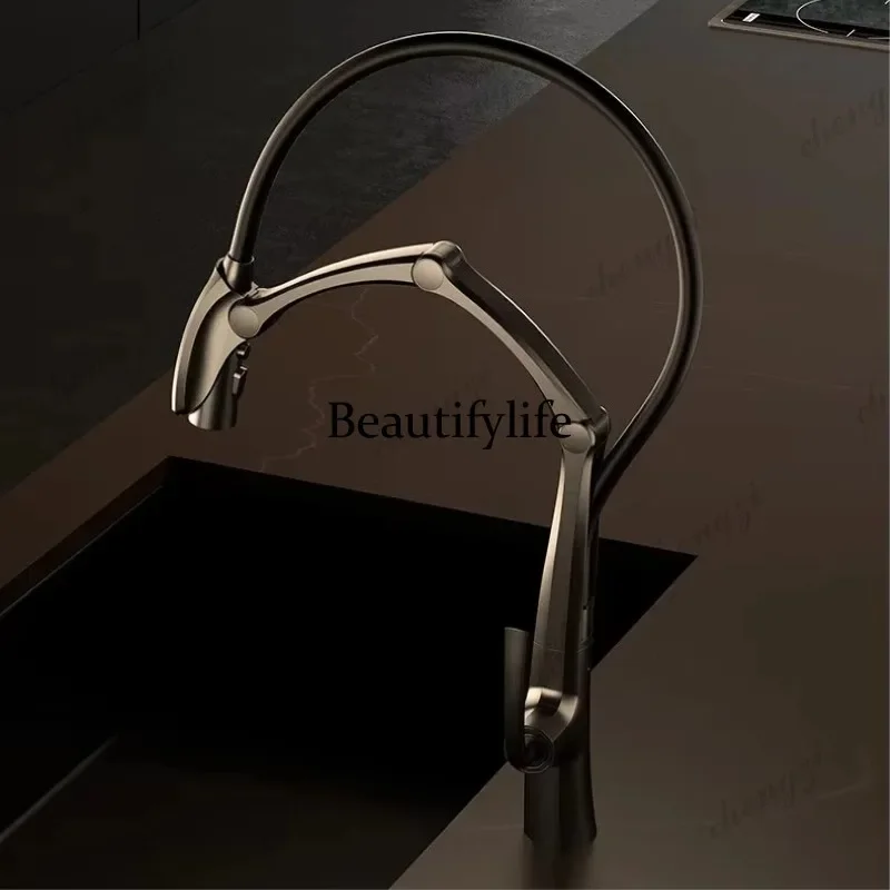 F4567 Gun Grey Luxury Brass LED Display Kitchen Faucet，Touchless Sensor，Pull-Out 3-Function Spray Water-Saving SinK Mixer
