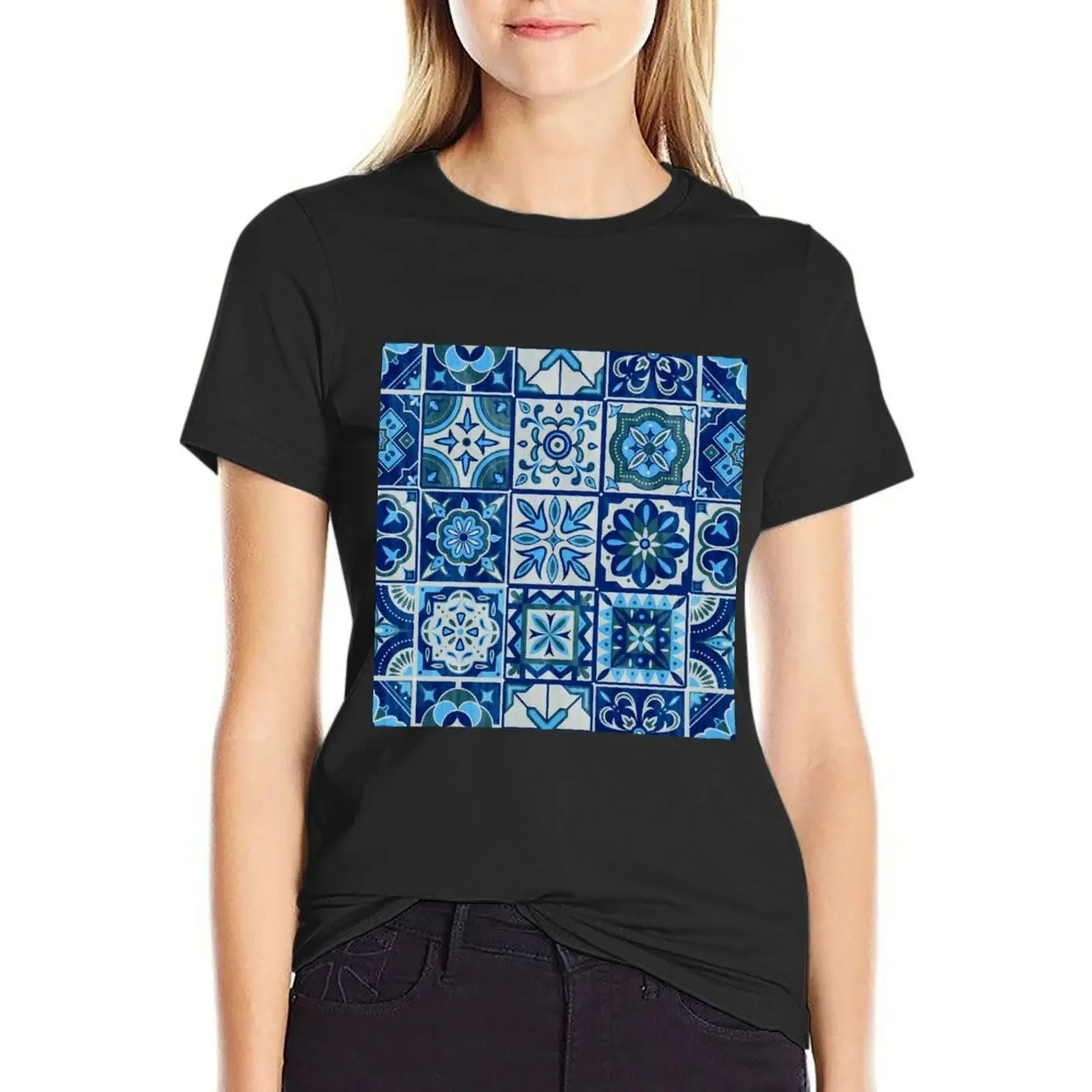 

Portuguese Azulejos Blue Square Tiles T-Shirt animal prinfor quick drying Short sleeve tee t shirts for Womens
