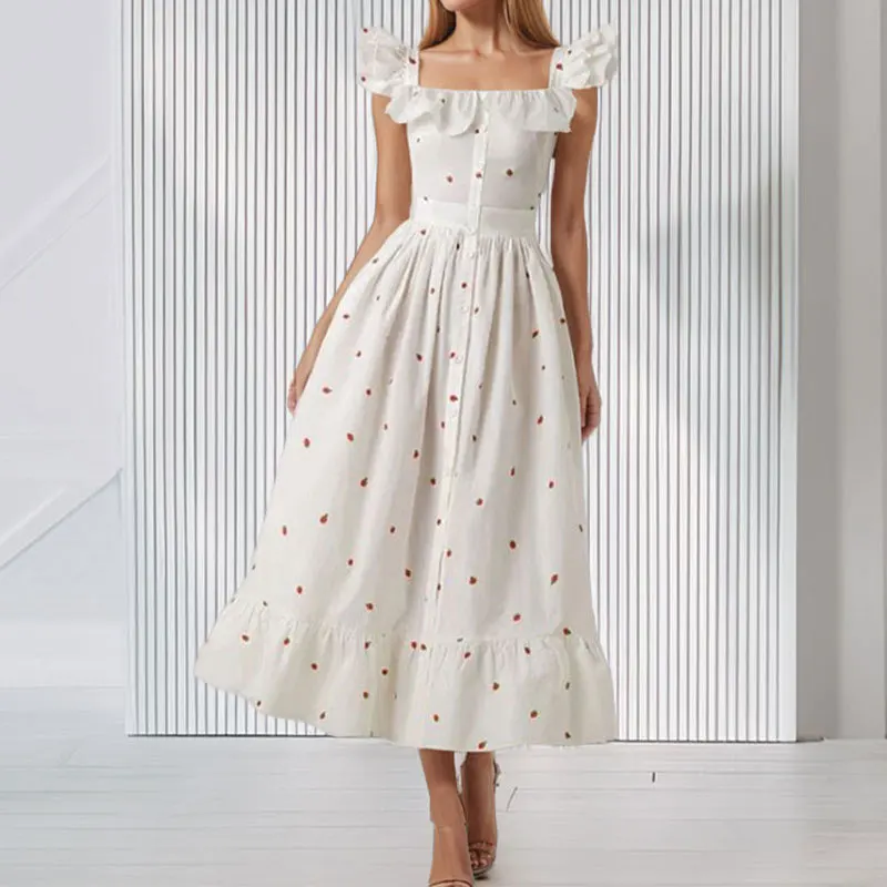 Summer New Long Dresses With Square Collar Flying Sleevesd Floral Floral Waist Cinching Dress Fiesta Vestidos Mujer Vestidos