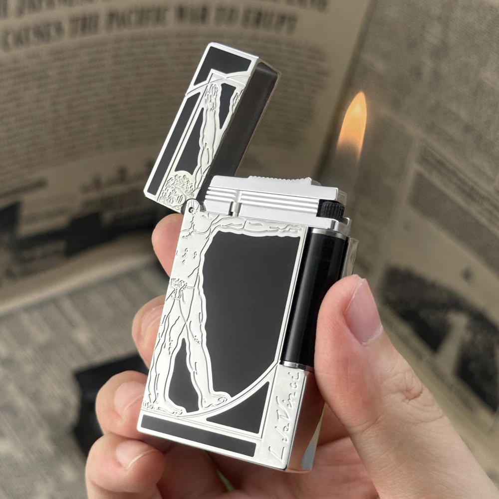 Luxury Da Vinci Vitruvian Man Engraved Line 2 Gas Lighter, Metal Ping Sound Cigarette Lighter, Premium Collect Gift for Men 080