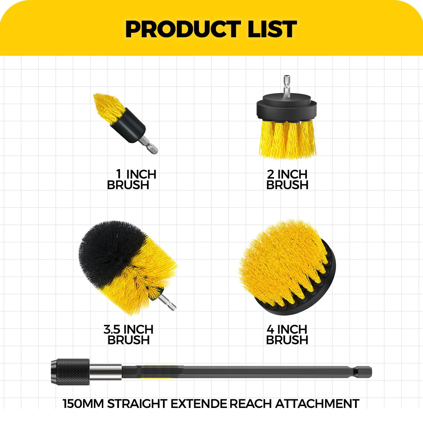 5 Pcs Yellow Drill Cleaning Brush with Extended Long Attachment for Cleaning Hard-to-reach Areas Bathtub Grout Upholstery