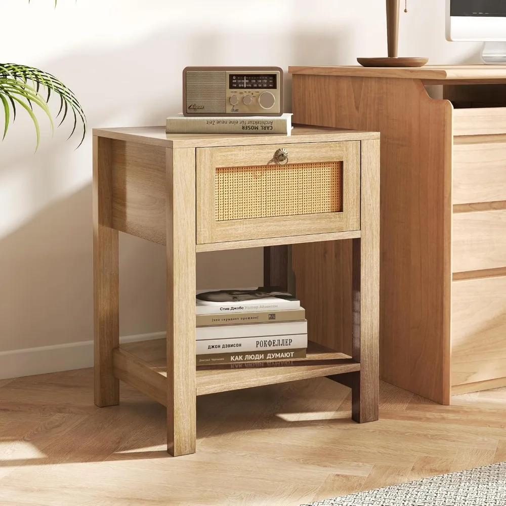 

Rattan Nightstand Set of 2 with Brass Knobs Bedside End Tables, Natural Oak Customized