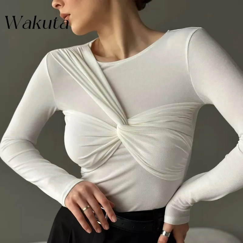 WAKUTA Russian Stand-up Collar Slim High Elastic Modal Cross Knot T-shirt Jumper Long-sleeved Tight Bottoming Pullovers 여성 반팔 니트