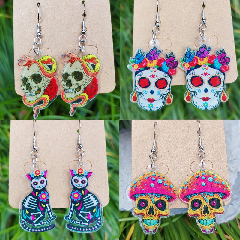 The Day Of The Dead Flower Skull Earrings For Women Hallowmas Skeleton Cat Acrylic Drop Earring Party