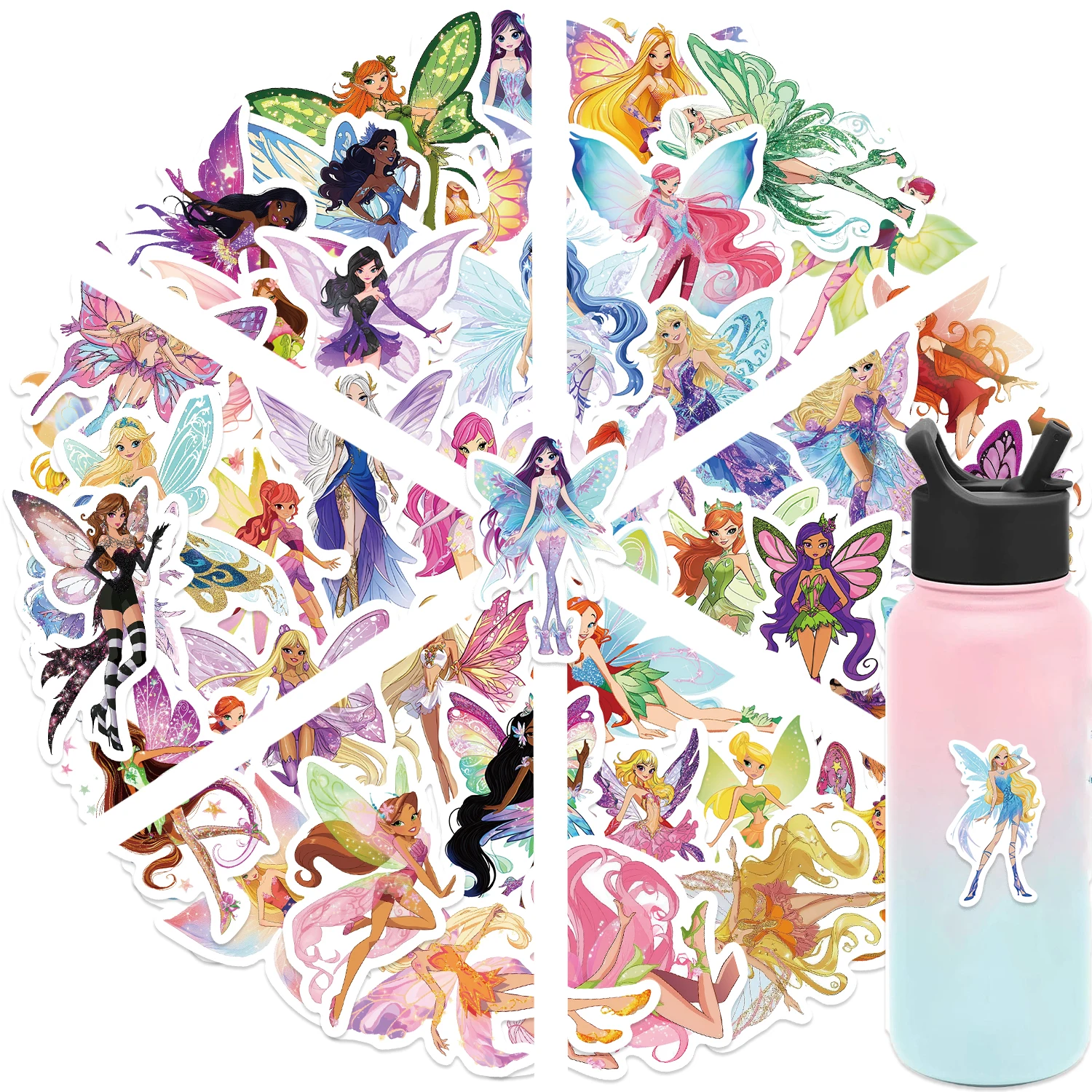 52pcs Butterfly Fairy Series Graffiti Stickers Suitable for Helmet Desktop Wall Decoration DIY Sticker Pack with Storage Box