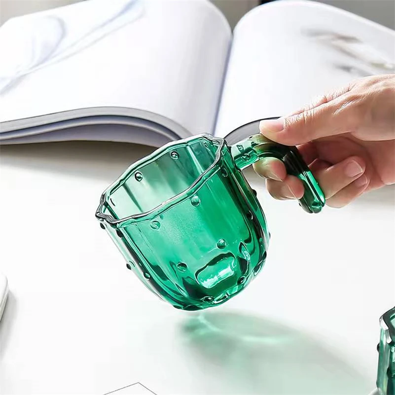 Nordic Cactus Glass Cup Household  Water Glass Mug 4/6 Pcs Set Stackable Green Tumbler Glassware With Box Package Gift Cups